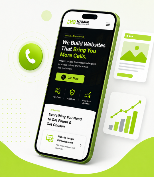 Mobile-first contractor website design shown on a smartphone, with a click-to-call hero and trust signals built to convert visitors into calls.