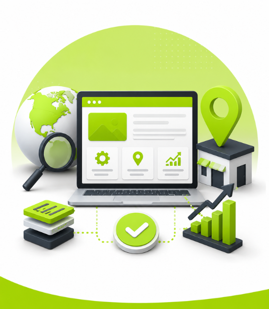 SEO-ready contractor website structure built for local search, shown ranking on Google's local results and Map Pack for a home-service business.