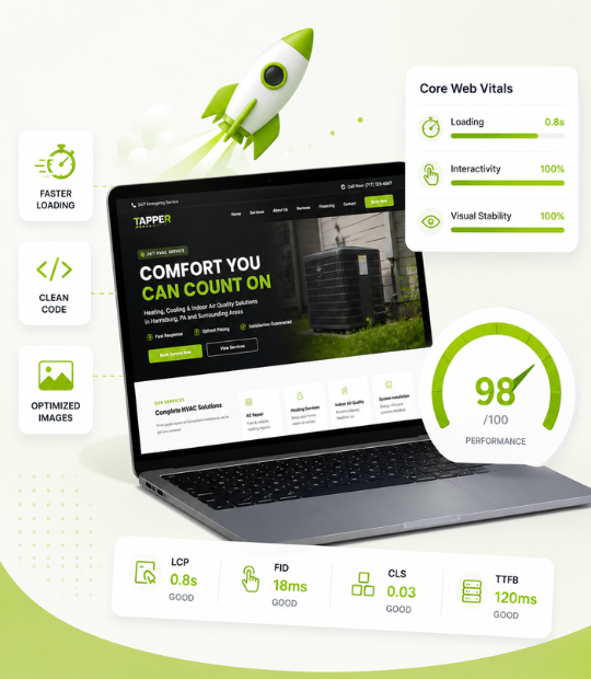 Fast, Core Web Vitals–optimized contractor website loading quickly on a smartphone, built to rank on Google and keep visitors from bouncing.