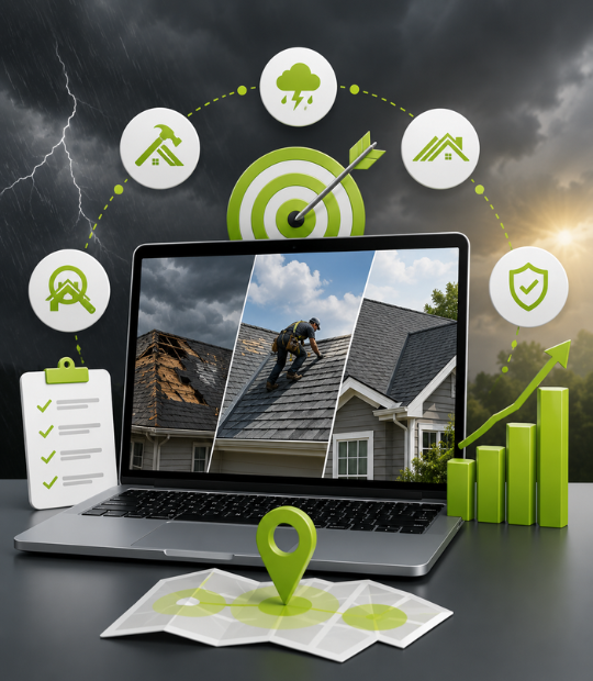 Roofing marketing website shown on a phone, built to rank for roof replacement, repair, and storm-damage searches and book high-value jobs.