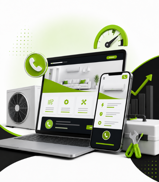 Fast, mobile-first HVAC website shown on a laptop and phone with click-to-call and a page-speed gauge, built to rank and turn urgent visitors into calls.