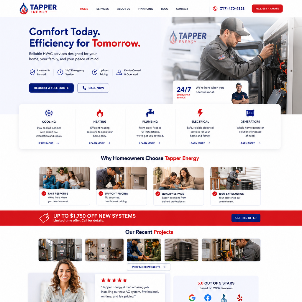 Conversion-built HVAC contractor website homepage — an example of the free homepage design included with our contractor web design and SEO plans.