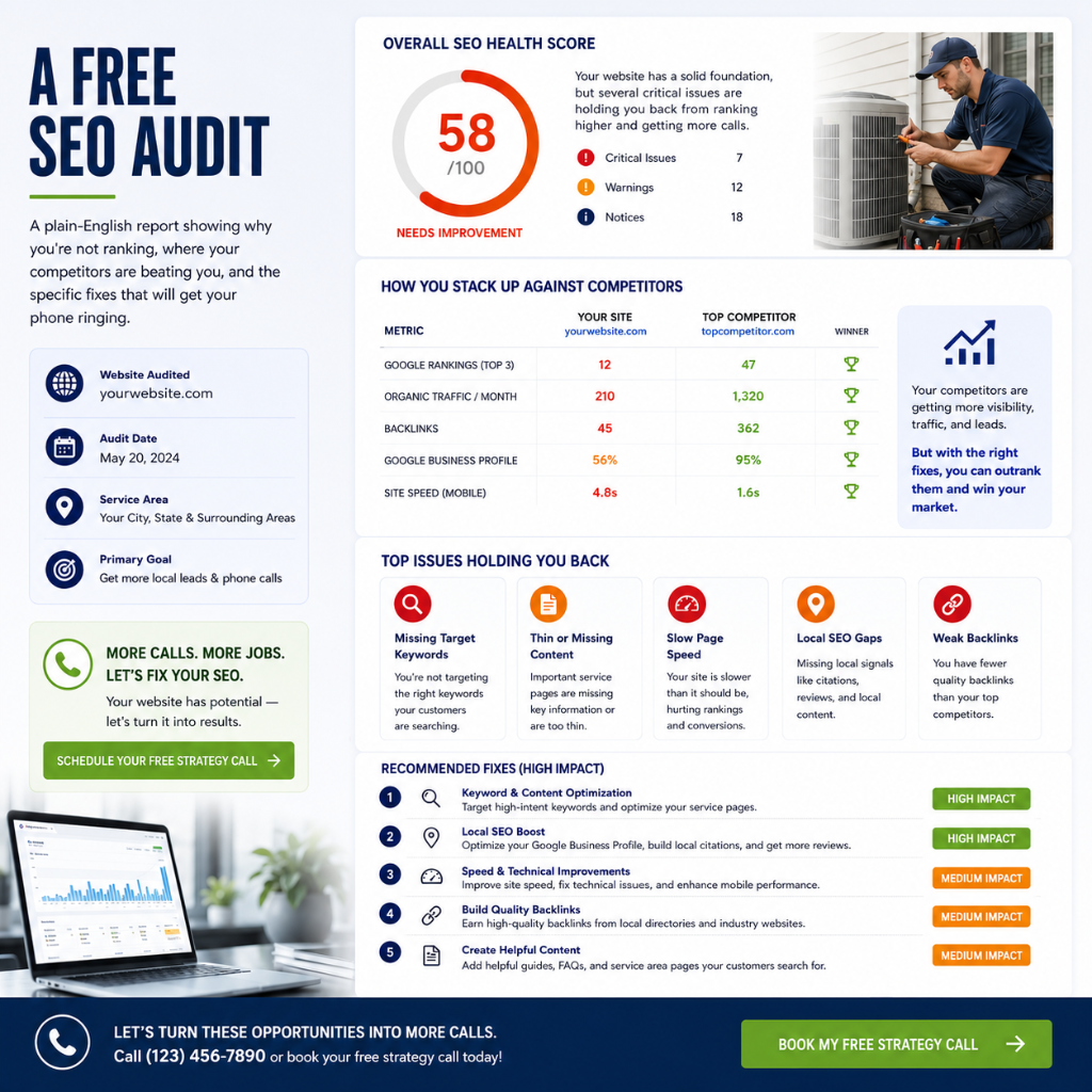 Example free SEO audit report for a contractor — showing an SEO health score, competitor comparison, top ranking issues, and recommended high-impact fixes.