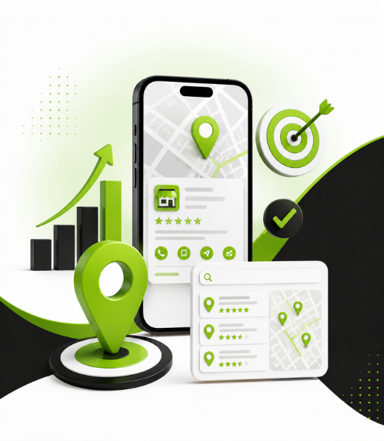 Google Business Profile and Map Pack optimization for HVAC — a business profile and local search results with star ratings, map pins, and rising rankings on a phone.