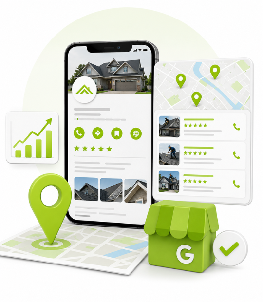 Roofing company's optimized Google Business Profile ranking in the local Map Pack three-pack, driving qualified calls from Google Maps.