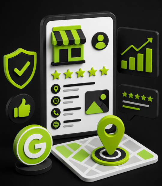 Google Business Profile optimization illustration for local SEO — a contractor's business listing with reviews, map pin, and contact info built to rank in Google's Map Pack.