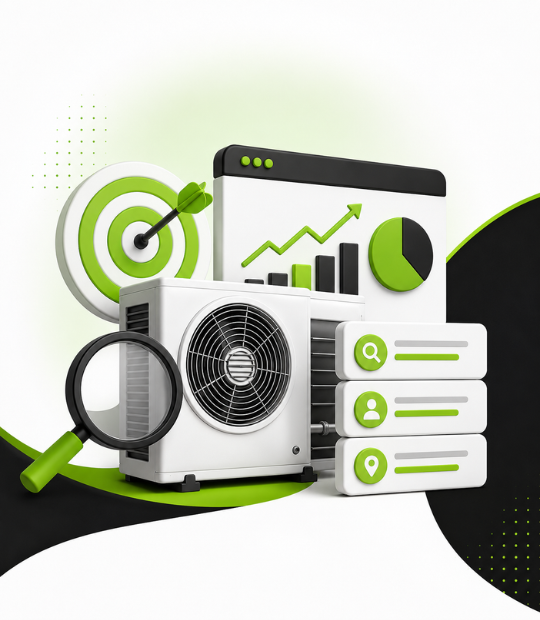 HVAC keyword and search-intent targeting — an AC unit with a search magnifier, a target, and ranking charts representing the full range of HVAC searches a company ranks for.