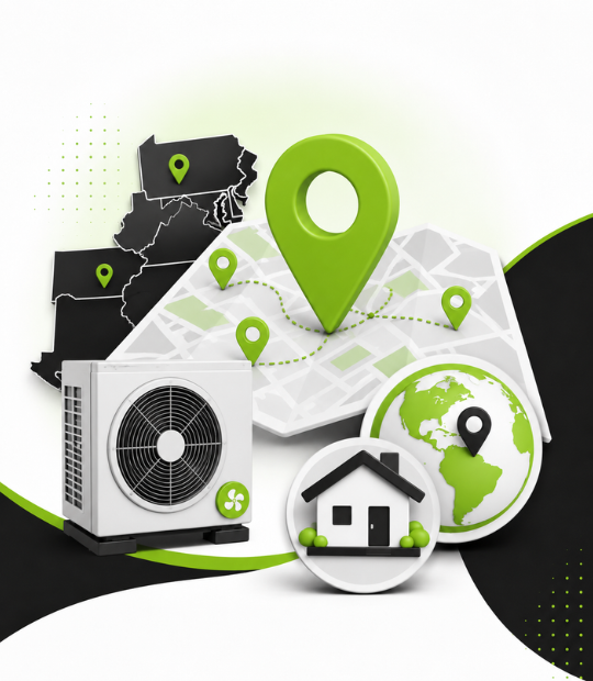 Location and service-area pages for HVAC — an AC unit and a map marked with location pins across multiple cities, ranking a heating and cooling company in every area it serves.
