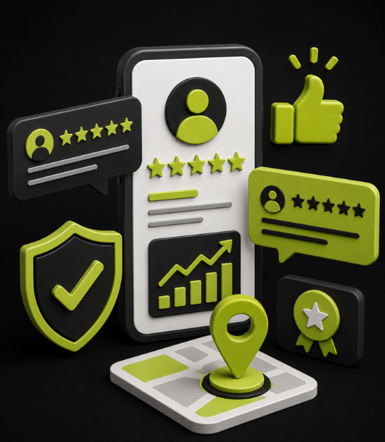 Location and service-area pages for local SEO — a contractor's business ranking on a map with a location pin, five-star reviews, and rising local rankings.