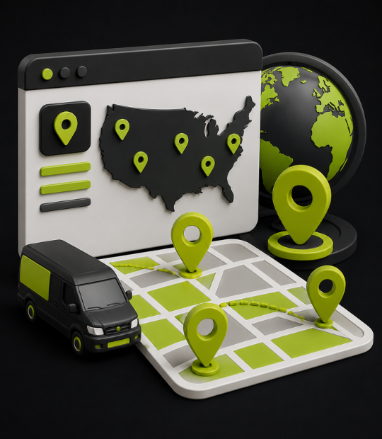 Location and service-area pages for contractors — a service van and a US map marked with location pins across multiple cities, ranking a contractor in every area it serves.