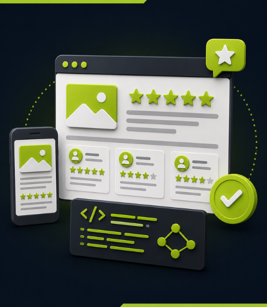 Contractor website displaying five-star customer reviews with review/AggregateRating schema, lifting conversion and enhancing search-result rich snippets.