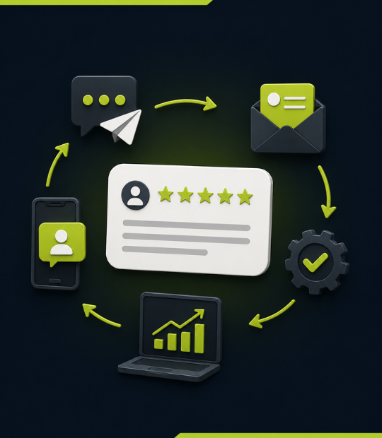 Automated review generation system on a phone prompting happy customers to leave 5-star Google reviews that lift a contractor's Map Pack ranking.