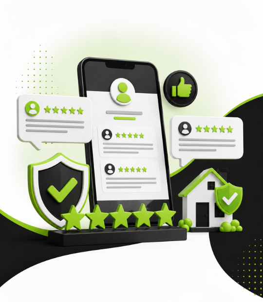 Reviews, trust, and reputation for HVAC — a phone showing five-star customer reviews with trust badges and a protected home, lifting Map Pack rankings and winning the job.