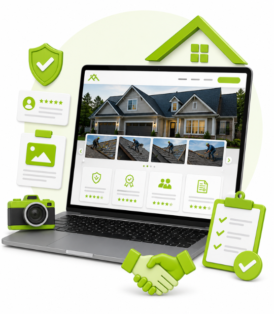 Trust-building roofing website with before/after project photos, reviews, and licensing badges, engineered to rank and win high-value replacement jobs.