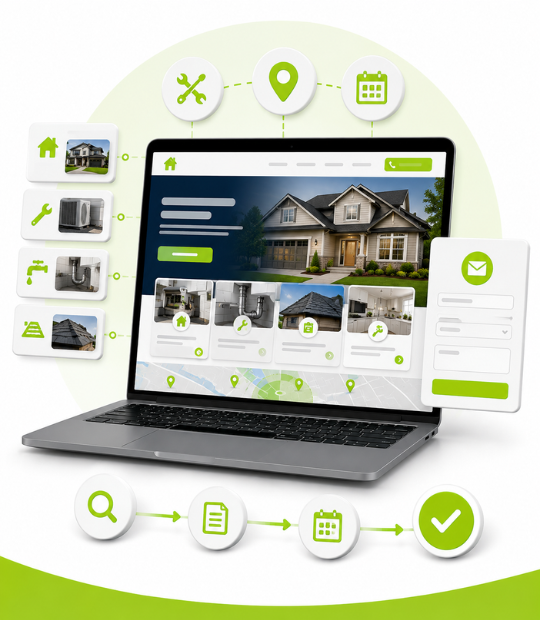 Contractor website with clear service and service-area pages and a simple booking form, shown on a phone, built to capture more qualified leads.