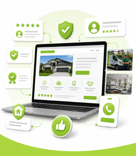 High-converting contractor website showing trust signals — reviews, star ratings, licensing badges, and a clear call-to-action — built to turn visitors into callers.